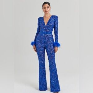 NADINE MERABI Blue Sequin Jumpsuit